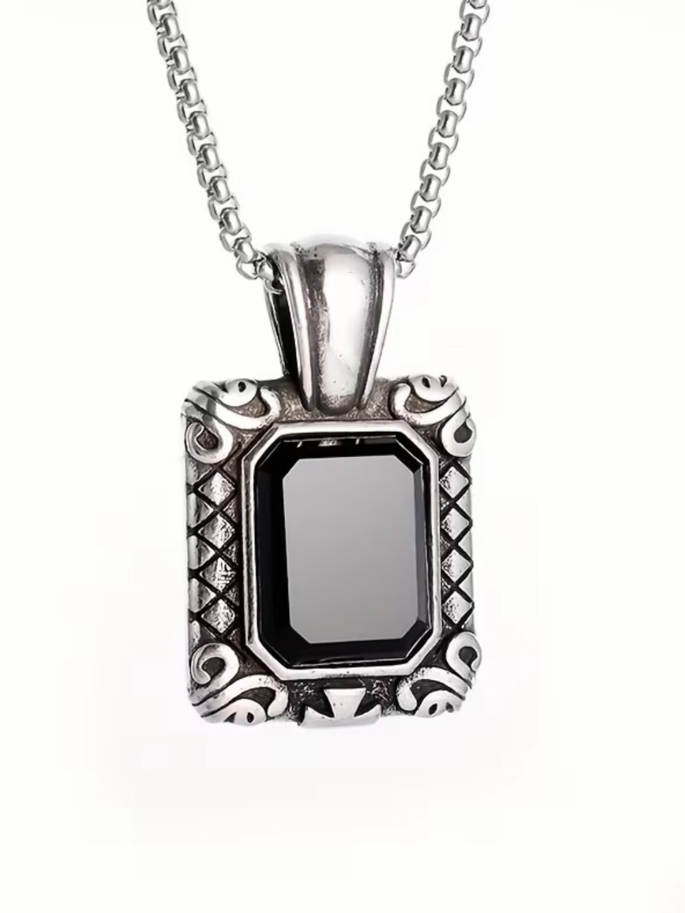 NWT Men’s Silver Retro Gothic Black Stone Pendant Necklace 23” Chain